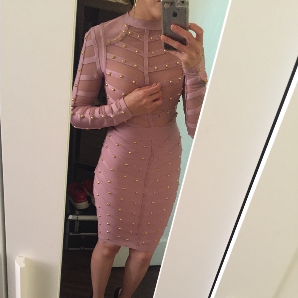 Mauve and gold beaded Bandage Bodycon Dress